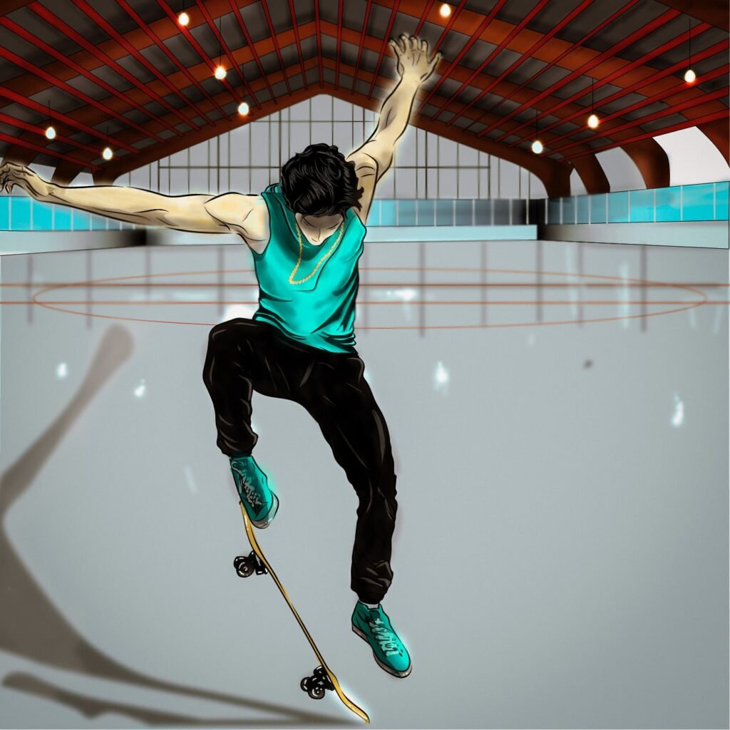 A Cool Young Boy Jumping with Skateboard -illustration art