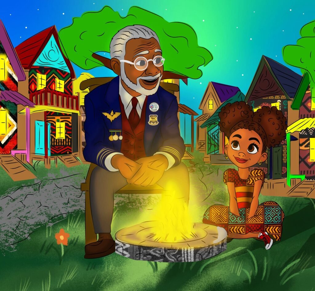 An African-American girl listening to her grandfather