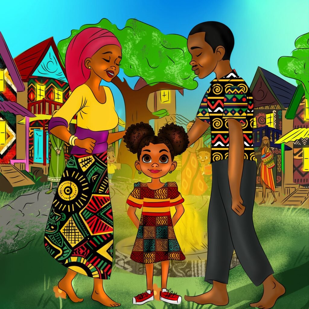 African family in a courtyard, the village name is KIJIJI Atlanta